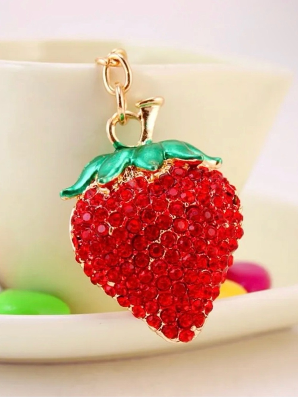 Gold-tone Strawberry Crystal Keychain - Red & Green Charm - Picture 3 of 4